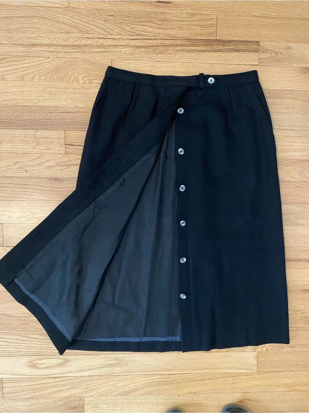 Vintage Evan-Picone Black Wool Blend Button Front Midi Skirt ILGWU